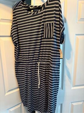 NWT Striped Navy and White Drawstring T-Shirt Dress